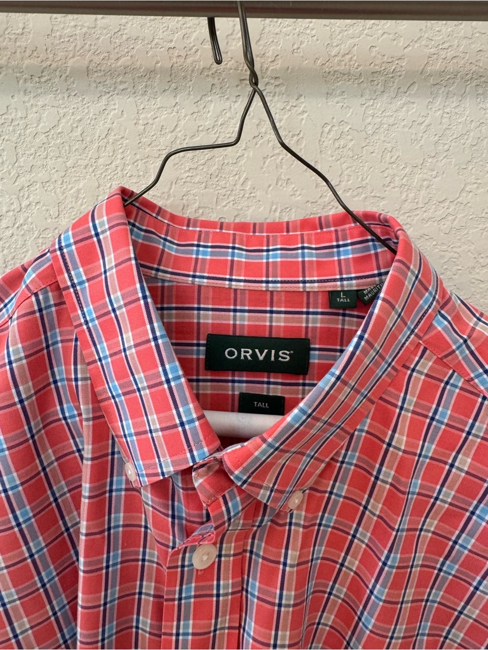 Orvis Men's Coral Plaid Button-Down Shirt. Size LT.